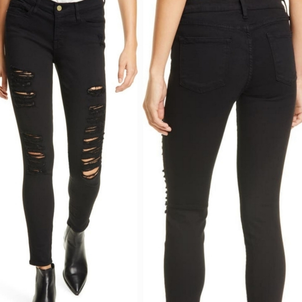 FRAME Le Skinny Jeanne Distressed Shredded Stretchy Skinny Jeans Black sz 25